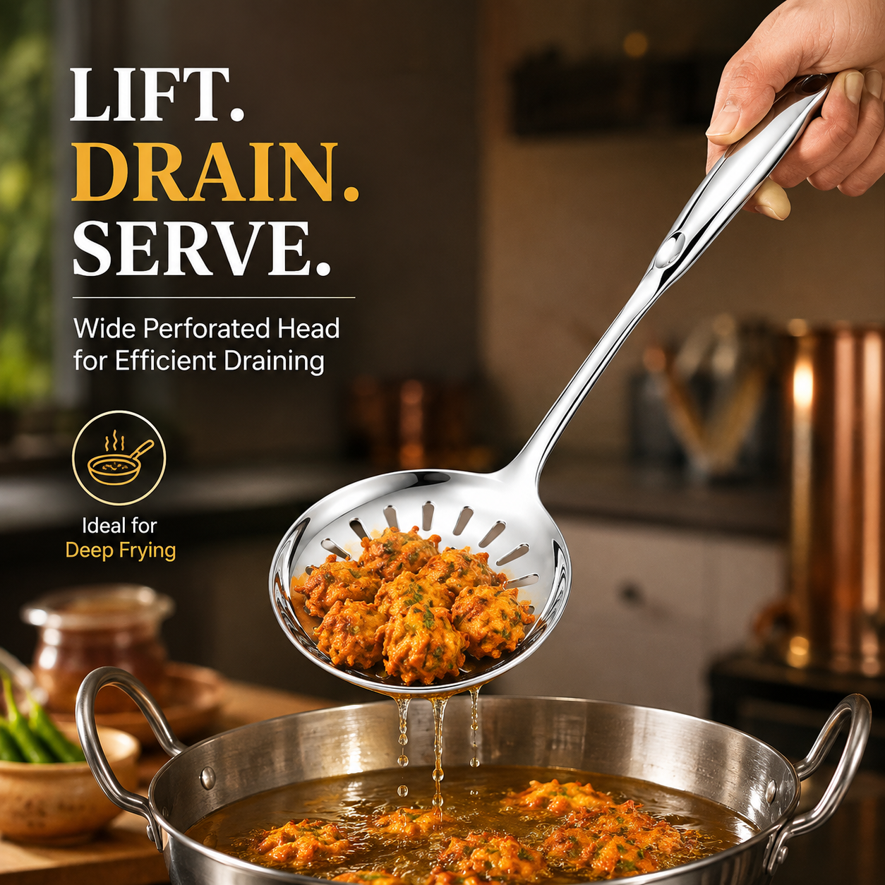18/8 Stainless Steel 13.9" Slotted Skimmer with Hollow Handle for Kitchen, Deep Frying, Straining | Rustproof, Dishwasher Safe Kitchen Tools by thinKitchen