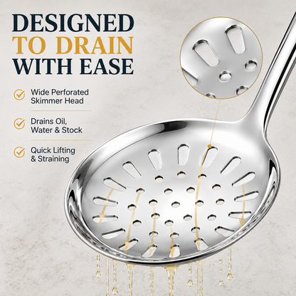 18/8 Stainless Steel 13.9" Slotted Skimmer with Hollow Handle for Kitchen, Deep Frying, Straining | Rustproof, Dishwasher Safe Kitchen Tools by thinKitchen