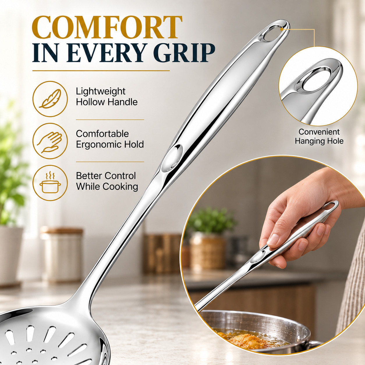 18/8 Stainless Steel 13.9" Slotted Skimmer with Hollow Handle for Kitchen, Deep Frying, Straining | Rustproof, Dishwasher Safe Kitchen Tools by thinKitchen