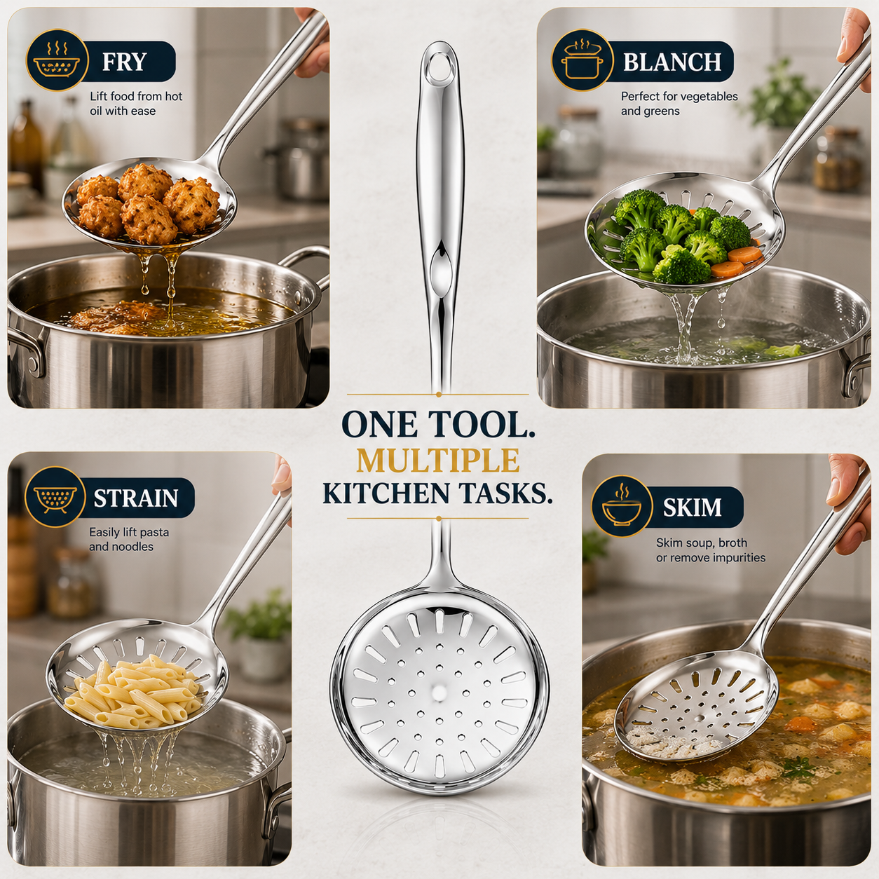 18/8 Stainless Steel 13.9" Slotted Skimmer with Hollow Handle for Kitchen, Deep Frying, Straining | Rustproof, Dishwasher Safe Kitchen Tools by thinKitchen - 4