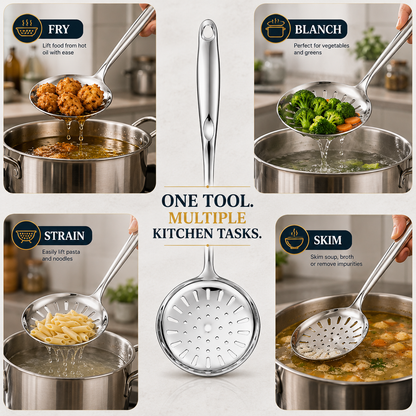 18/8 Stainless Steel 13.9" Slotted Skimmer with Hollow Handle for Kitchen, Deep Frying, Straining | Rustproof, Dishwasher Safe Kitchen Tools by thinKitchen