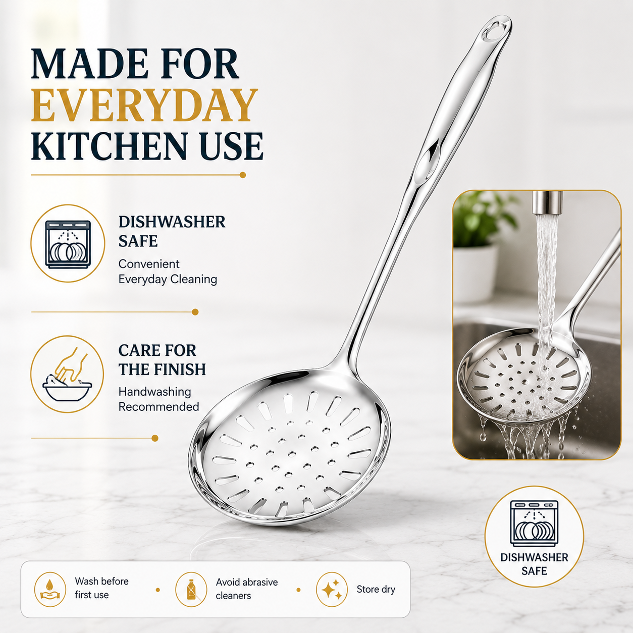 18/8 Stainless Steel 13.9" Slotted Skimmer with Hollow Handle for Kitchen, Deep Frying, Straining | Rustproof, Dishwasher Safe Kitchen Tools by thinKitchen - 9