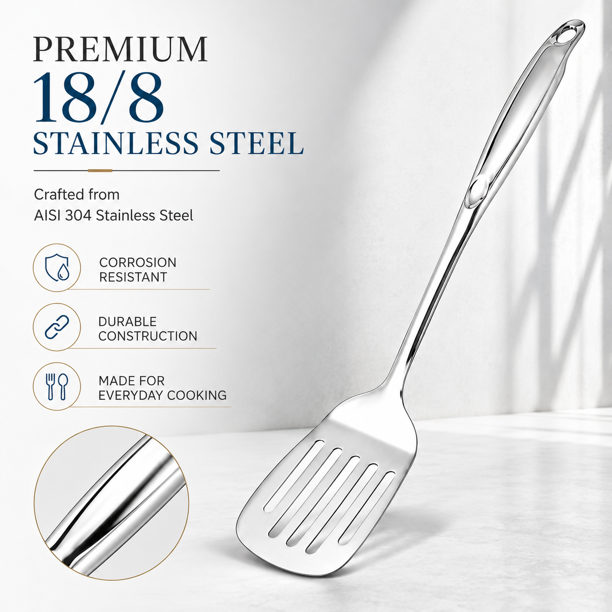 Culinex 18/8 Stainless Steel 14.5" Premium Hollow Handle Slotted Turner Spatula Palta for Dosa, Roti, Omlette, Parantha, Bread | Rustproof Dishwasher Safe - 3