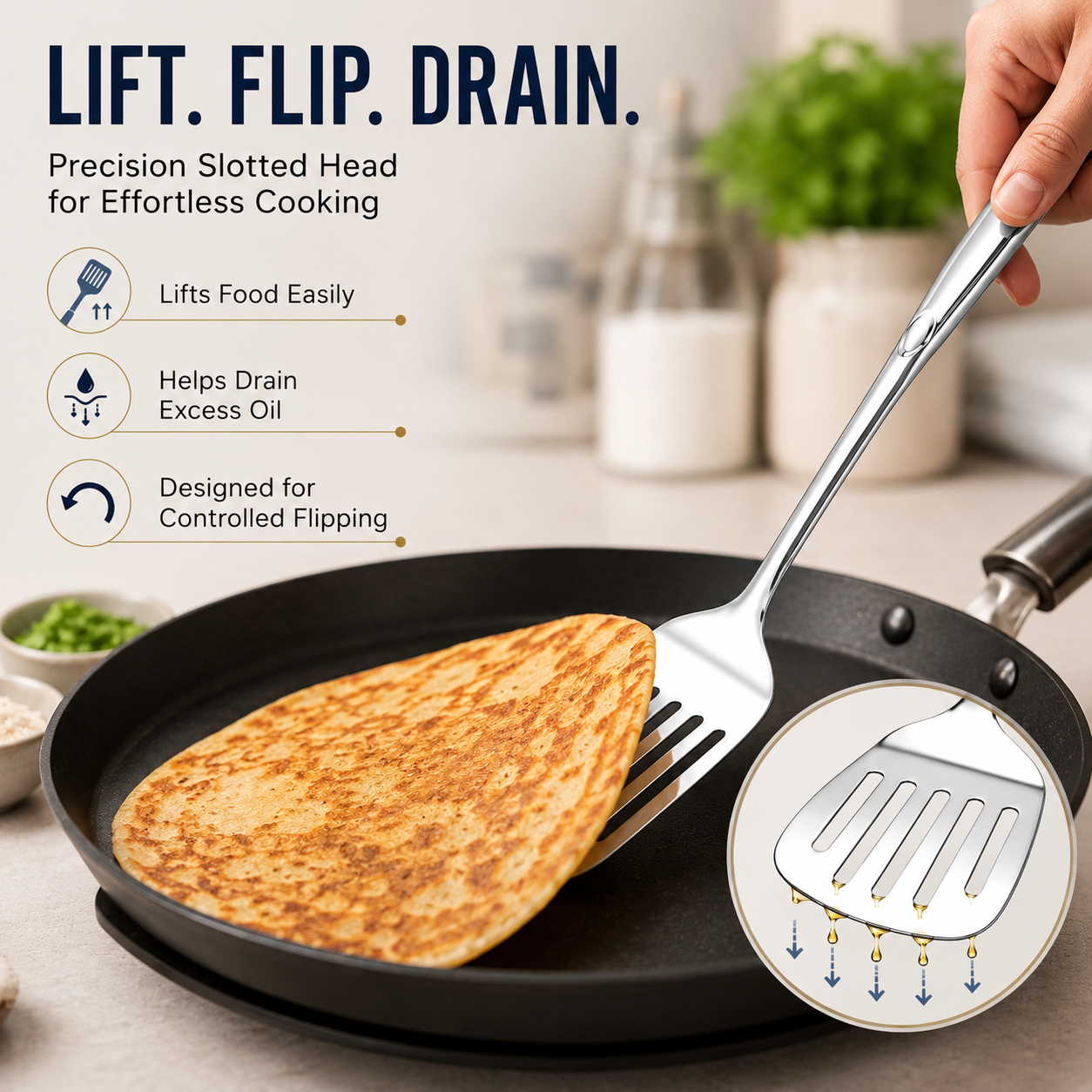 Culinex 18/8 Stainless Steel 14.5" Premium Hollow Handle Slotted Turner Spatula Palta for Dosa, Roti, Omlette, Parantha, Bread | Rustproof Dishwasher Safe