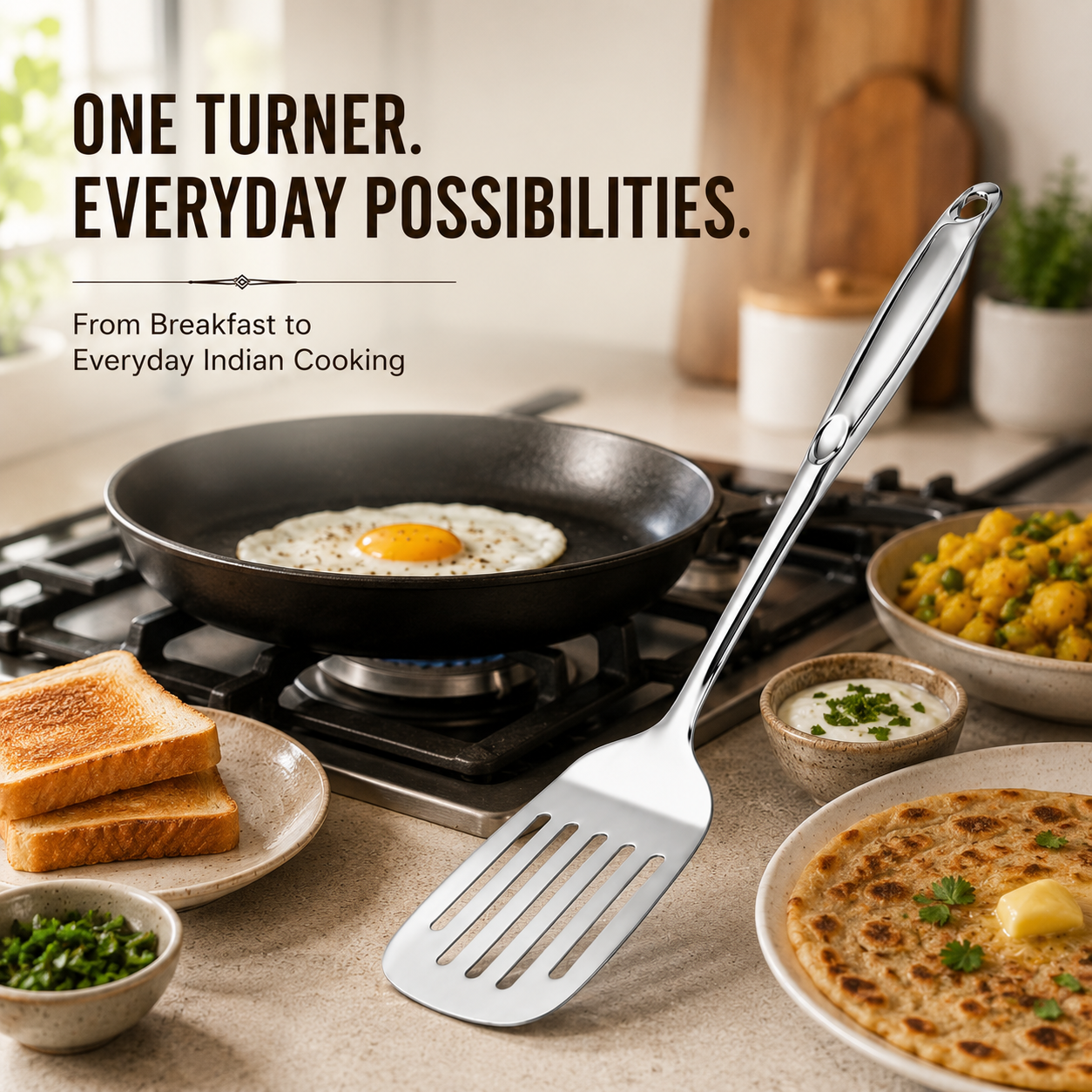 Culinex 18/8 Stainless Steel 14.5" Premium Hollow Handle Slotted Turner Spatula Palta for Dosa, Roti, Omlette, Parantha, Bread | Rustproof Dishwasher Safe