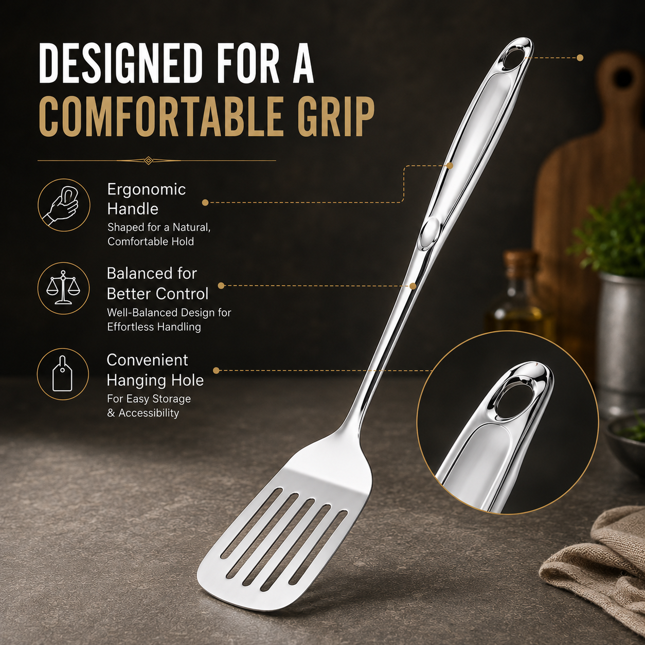Culinex 18/8 Stainless Steel 14.5" Premium Hollow Handle Slotted Turner Spatula Palta for Dosa, Roti, Omlette, Parantha, Bread | Rustproof Dishwasher Safe - 8