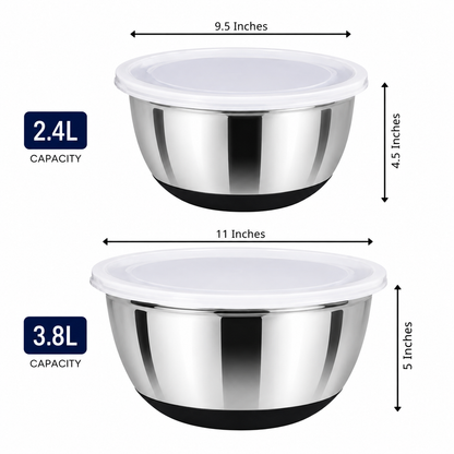 Culinex Premium Heavy Gauge 304 Stainless Steel Anti-Skid Mixing Bowl Set of 4 for Kitchen 2400ml, 3800ml for Cakes, Baking,Dough, Salads | Multipurpose Bowl for Cooking, Prep, Mixing, Beating