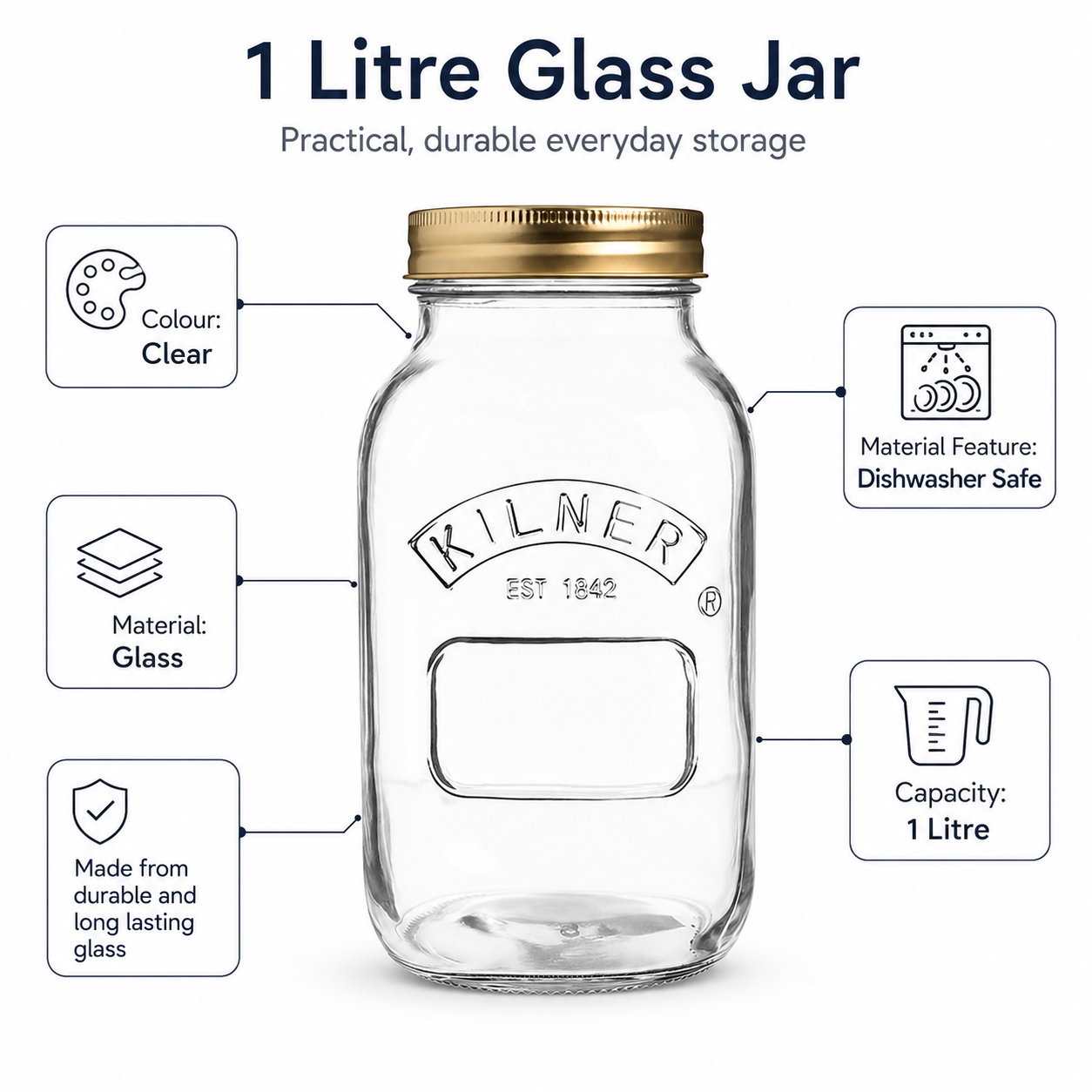Kilner 1 Litre Leakproof Premium Preserve Glass Jar with Screw Lid, Ideal for Storing and Preserving