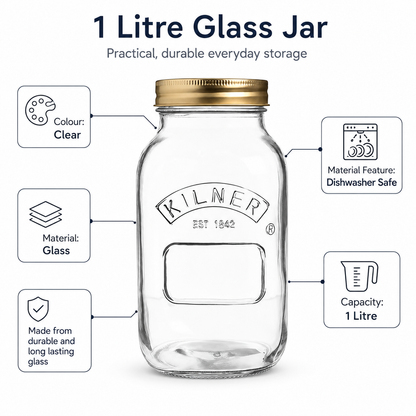 Kilner 1 Litre Leakproof Premium Preserve Glass Jar with Screw Lid, Ideal for Storing and Preserving