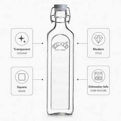 Kilner 1L Square Airtight, Leakproof  Clip Top Premium Glass Bottle for Kitchen Storage, Oils, Juices