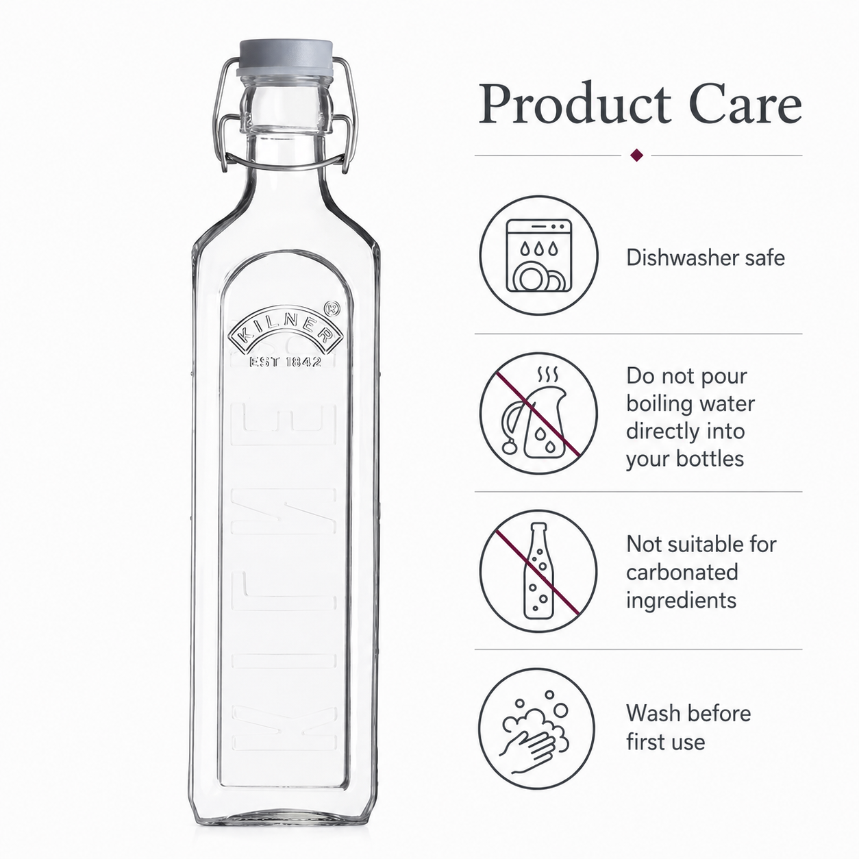 Kilner 1L Square Airtight, Leakproof  Clip Top Premium Glass Bottle for Kitchen Storage, Oils, Juices