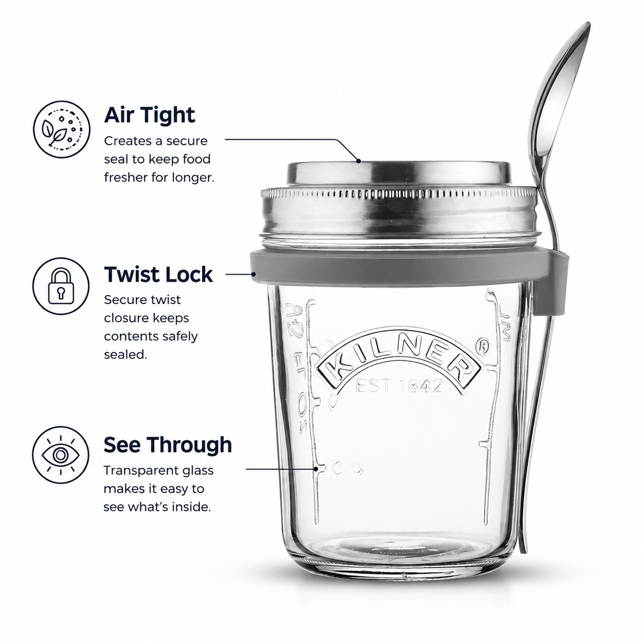 Kilner Premium 350ml Airtight Glass Oatmeal Jar, Overnight Oats Jar, Breakfast Jar with Stainless Steel Spoon | BPA Free, Widemouth, Reusable - 6