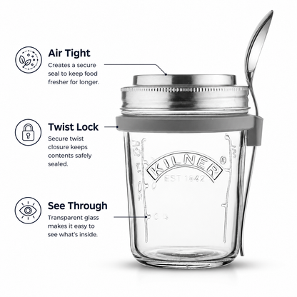 Kilner Premium 350ml Airtight Glass Oatmeal Jar, Overnight Oats Jar, Breakfast Jar with Stainless Steel Spoon | BPA Free, Widemouth, Reusable