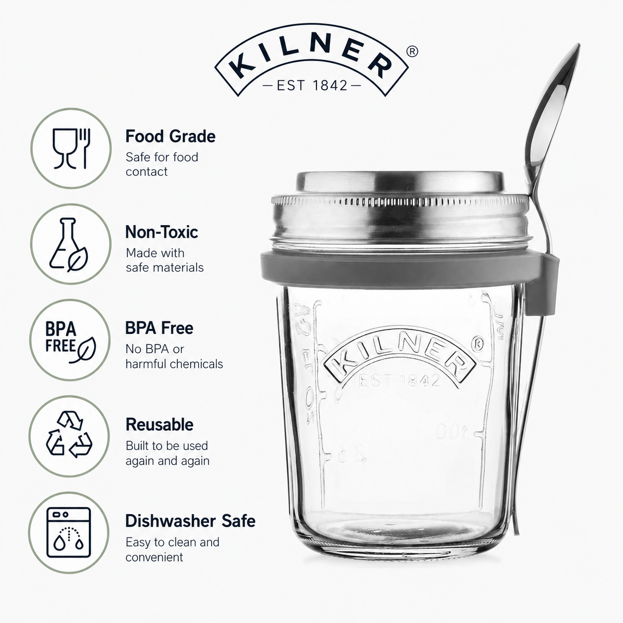 Kilner Premium 350ml Airtight Glass Oatmeal Jar, Overnight Oats Jar, Breakfast Jar with Stainless Steel Spoon | BPA Free, Widemouth, Reusable
