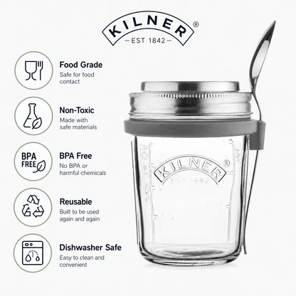 Kilner Premium 350ml Airtight Glass Oatmeal Jar, Overnight Oats Jar, Breakfast Jar with Stainless Steel Spoon | BPA Free, Widemouth, Reusable