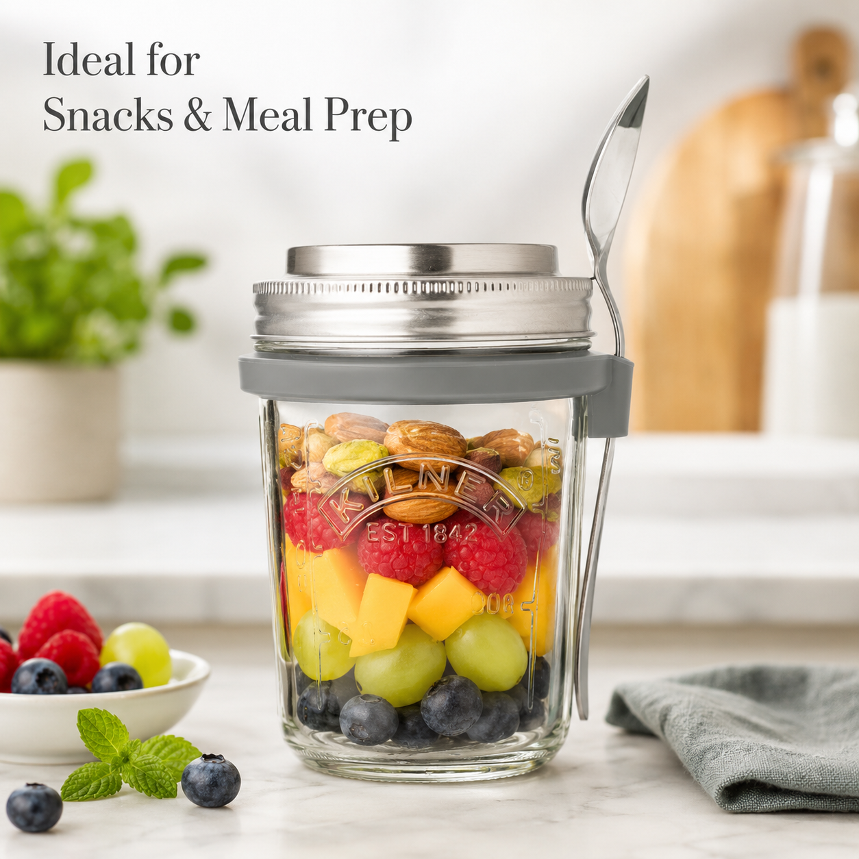 Kilner Premium 350ml Airtight Glass Oatmeal Jar, Overnight Oats Jar, Breakfast Jar with Stainless Steel Spoon | BPA Free, Widemouth, Reusable - 2