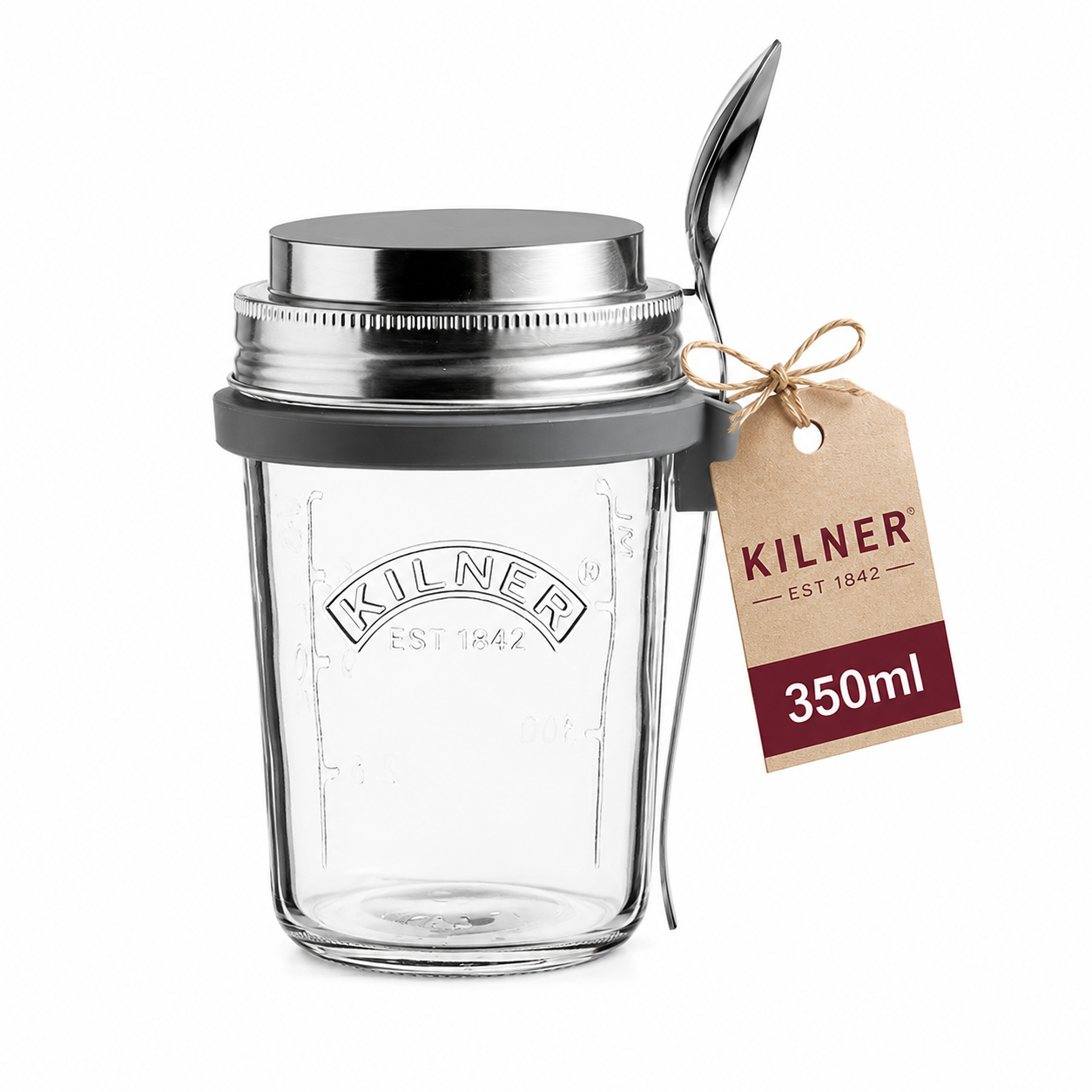 Kilner Premium 350ml Airtight Glass Oatmeal Jar, Overnight Oats Jar, Breakfast Jar with Stainless Steel Spoon | BPA Free, Widemouth, Reusable