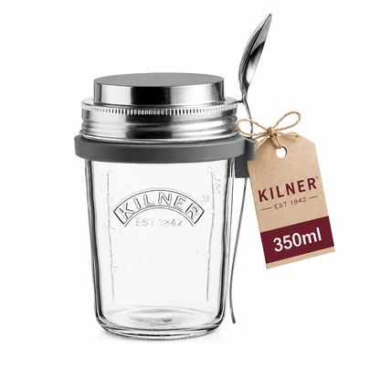 Kilner Premium 350ml Airtight Glass Oatmeal Jar, Overnight Oats Jar, Breakfast Jar with Stainless Steel Spoon | BPA Free, Widemouth, Reusable