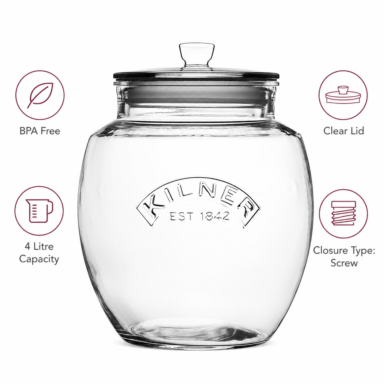 Kilner Universal Premium 4L Airtight Leakproof Glass Storage Jar with Push Top Lid for Grains, Spices, Pulses And Cereals
