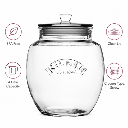 Kilner Universal Premium 4L Airtight Leakproof Glass Storage Jar with Push Top Lid for Grains, Spices, Pulses And Cereals