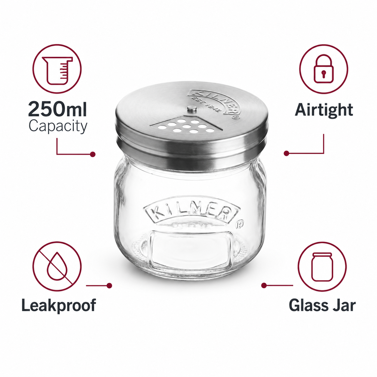 Kilner 250ml Airtight, Leakproof Premium Glass Jar with Stainless Steel Shaker Lid for Spices, Herbs & Sprinkles - 4
