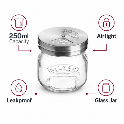 Kilner 250ml Airtight, Leakproof Premium Glass Jar with Stainless Steel Shaker Lid for Spices, Herbs & Sprinkles