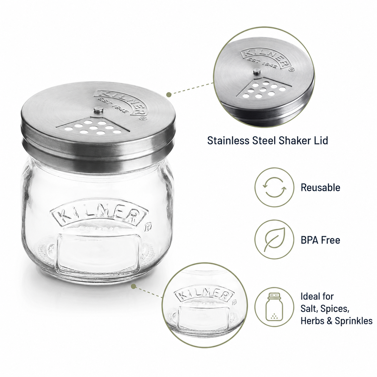 Kilner 250ml Airtight, Leakproof Premium Glass Jar with Stainless Steel Shaker Lid for Spices, Herbs & Sprinkles - 5