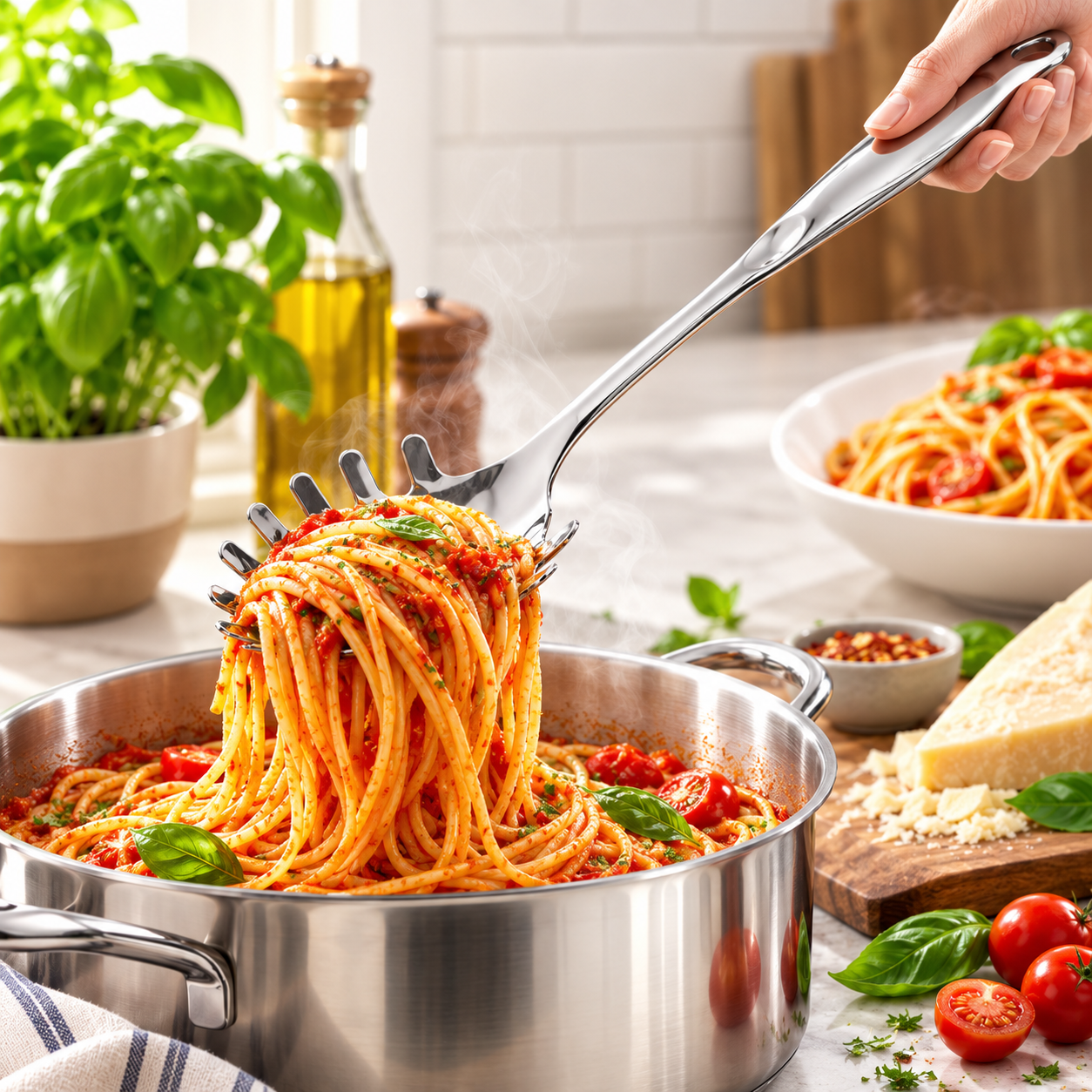 Culinex 18/8 Stainless Steel 12.8" Premium Hollow Handle Pasta Server Pasta Spaghetti Fork, Pasta Spoon, Noodle Fork | Rustproof, Dishwasher Safe - 2