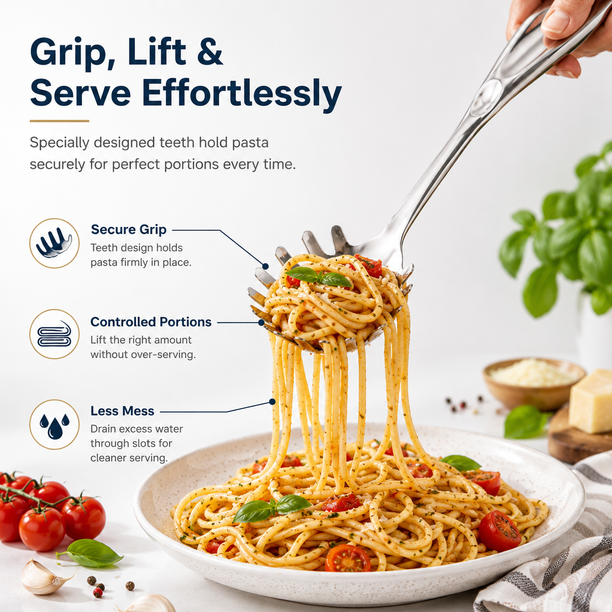 Culinex 18/8 Stainless Steel 12.8" Premium Hollow Handle Pasta Server Pasta Spaghetti Fork, Pasta Spoon, Noodle Fork | Rustproof, Dishwasher Safe - 6