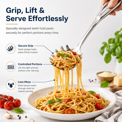 Culinex 18/8 Stainless Steel 12.8" Premium Hollow Handle Pasta Server Pasta Spaghetti Fork, Pasta Spoon, Noodle Fork | Rustproof, Dishwasher Safe