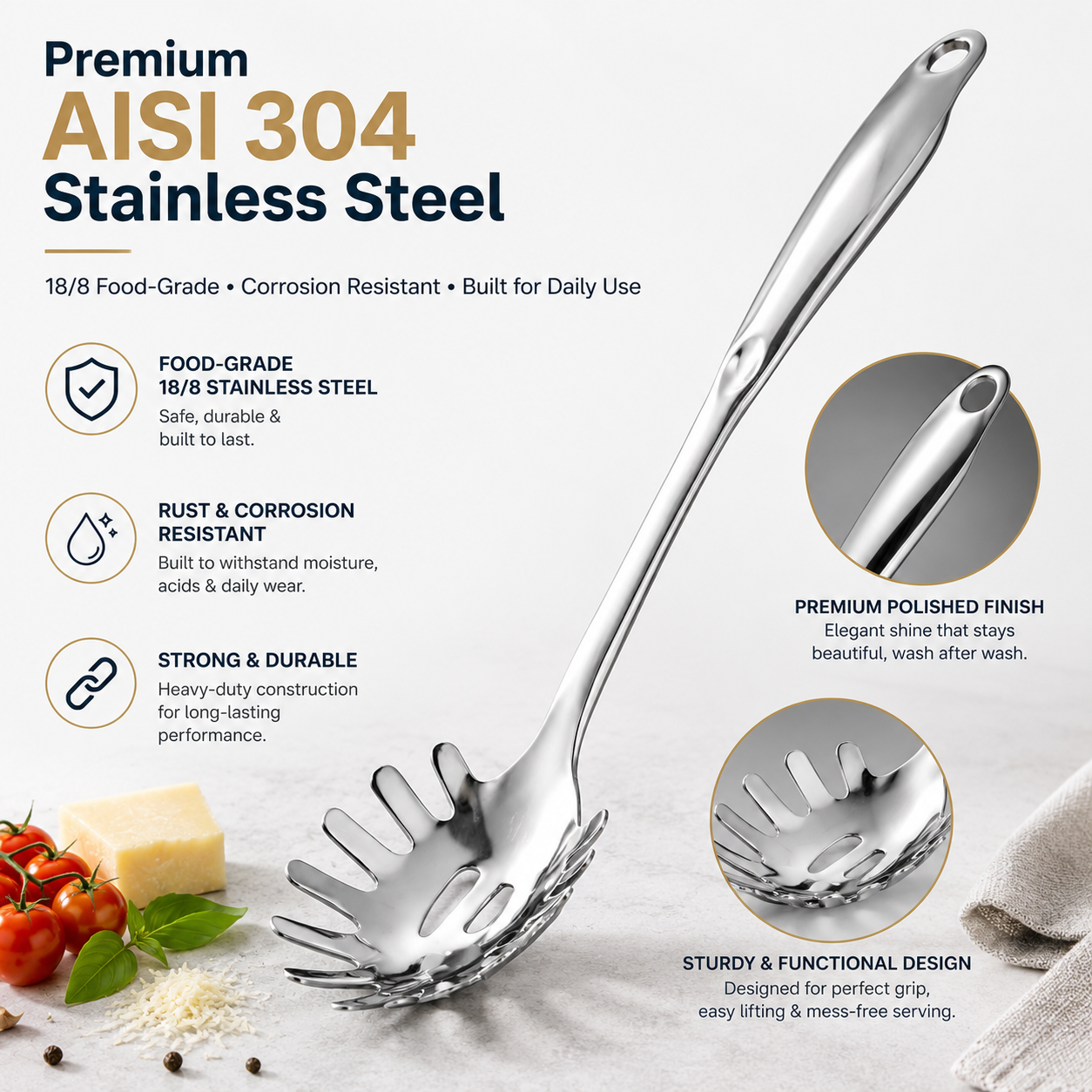Culinex 18/8 Stainless Steel 12.8" Premium Hollow Handle Pasta Server Pasta Spaghetti Fork, Pasta Spoon, Noodle Fork | Rustproof, Dishwasher Safe - 5