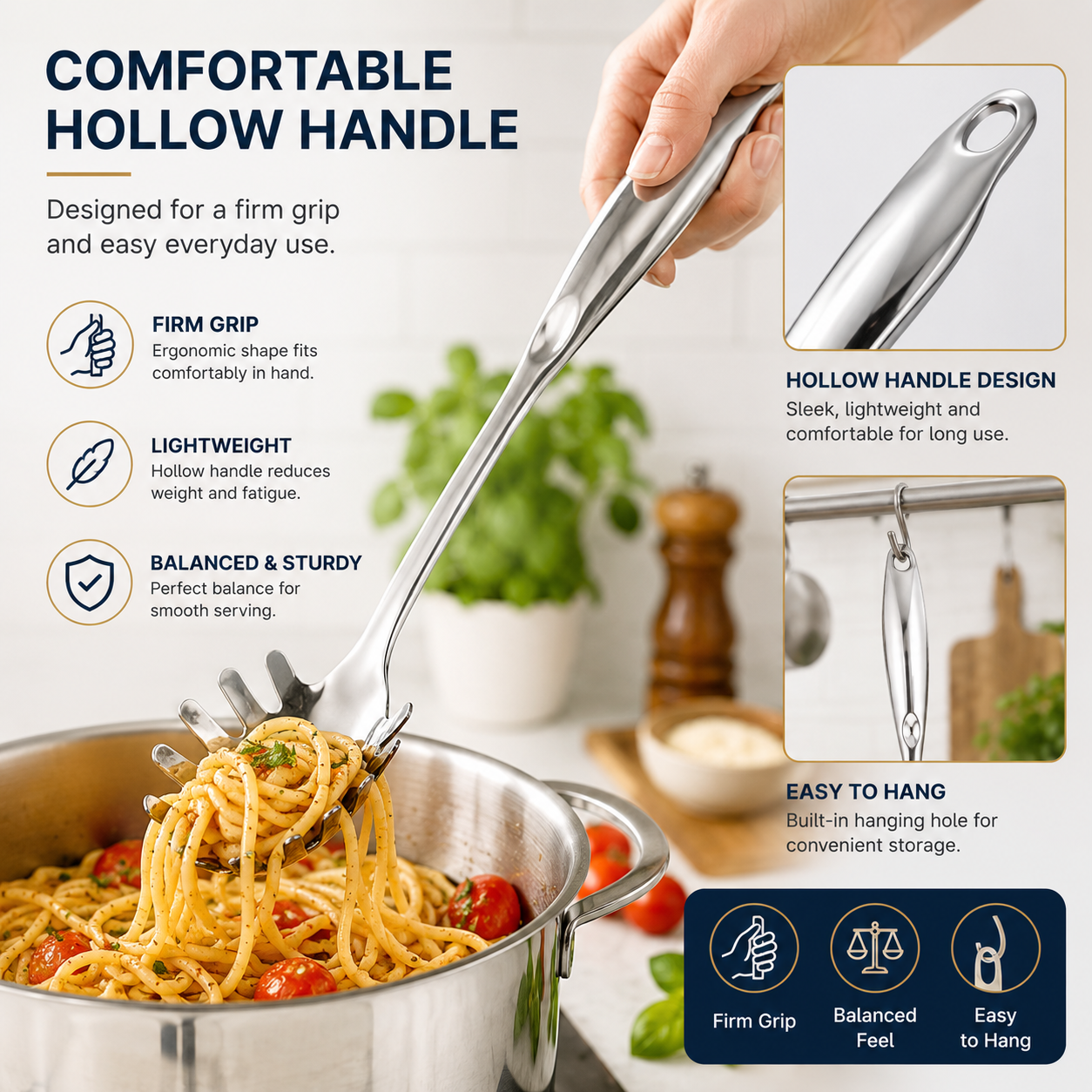 Culinex 18/8 Stainless Steel 12.8" Premium Hollow Handle Pasta Server Pasta Spaghetti Fork, Pasta Spoon, Noodle Fork | Rustproof, Dishwasher Safe - 8