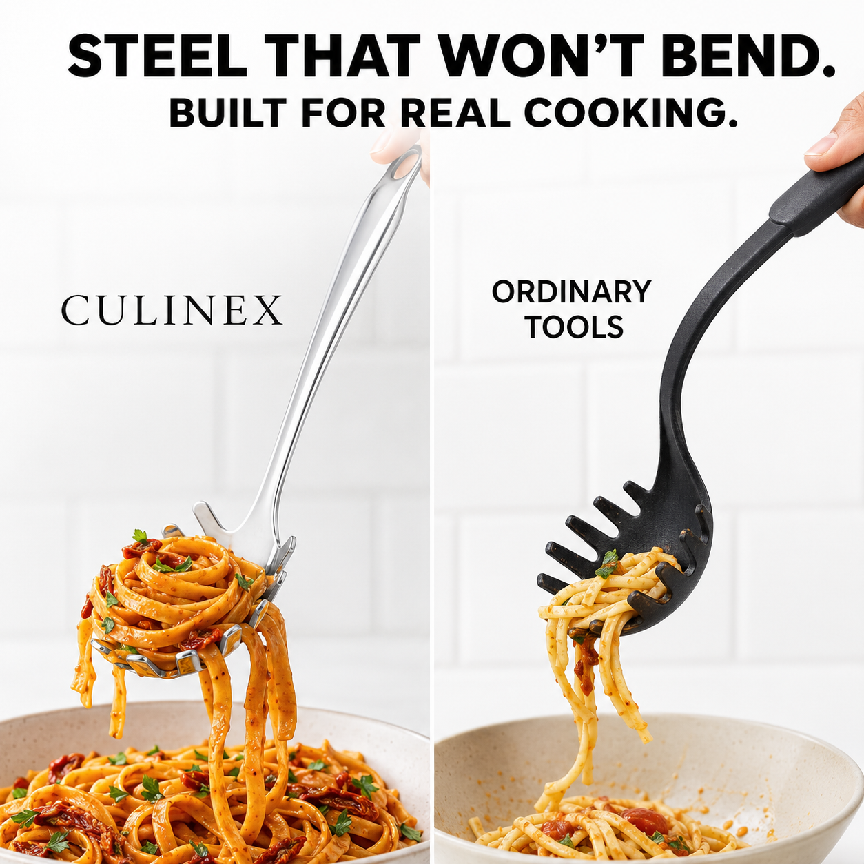 Culinex 18/8 Stainless Steel 12.8" Premium Hollow Handle Pasta Server Pasta Spaghetti Fork, Pasta Spoon, Noodle Fork | Rustproof, Dishwasher Safe