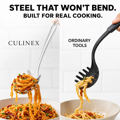 Culinex 18/8 Stainless Steel 12.8" Premium Hollow Handle Pasta Server Pasta Spaghetti Fork, Pasta Spoon, Noodle Fork | Rustproof, Dishwasher Safe