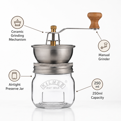 Kilner Premium 250ml Airtight Seasoning Manual Grinder Glass Preserve Jar for Spice, Salt & Pepper