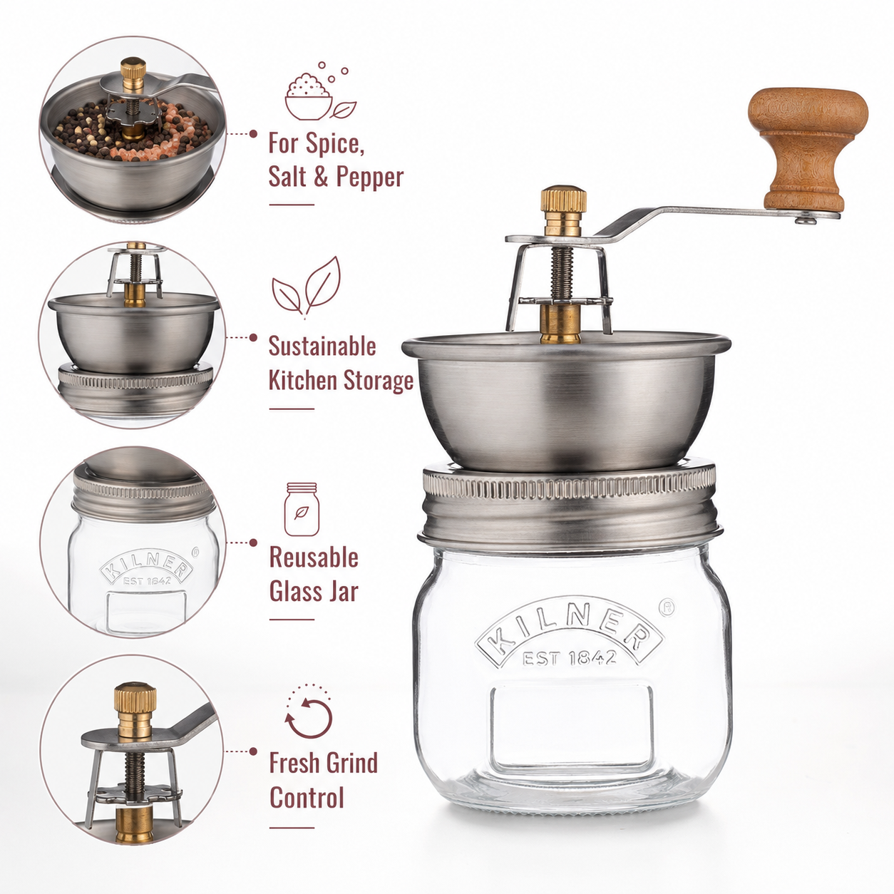 Kilner Premium 250ml Airtight Seasoning Manual Grinder Glass Preserve Jar for Spice, Salt & Pepper - 4