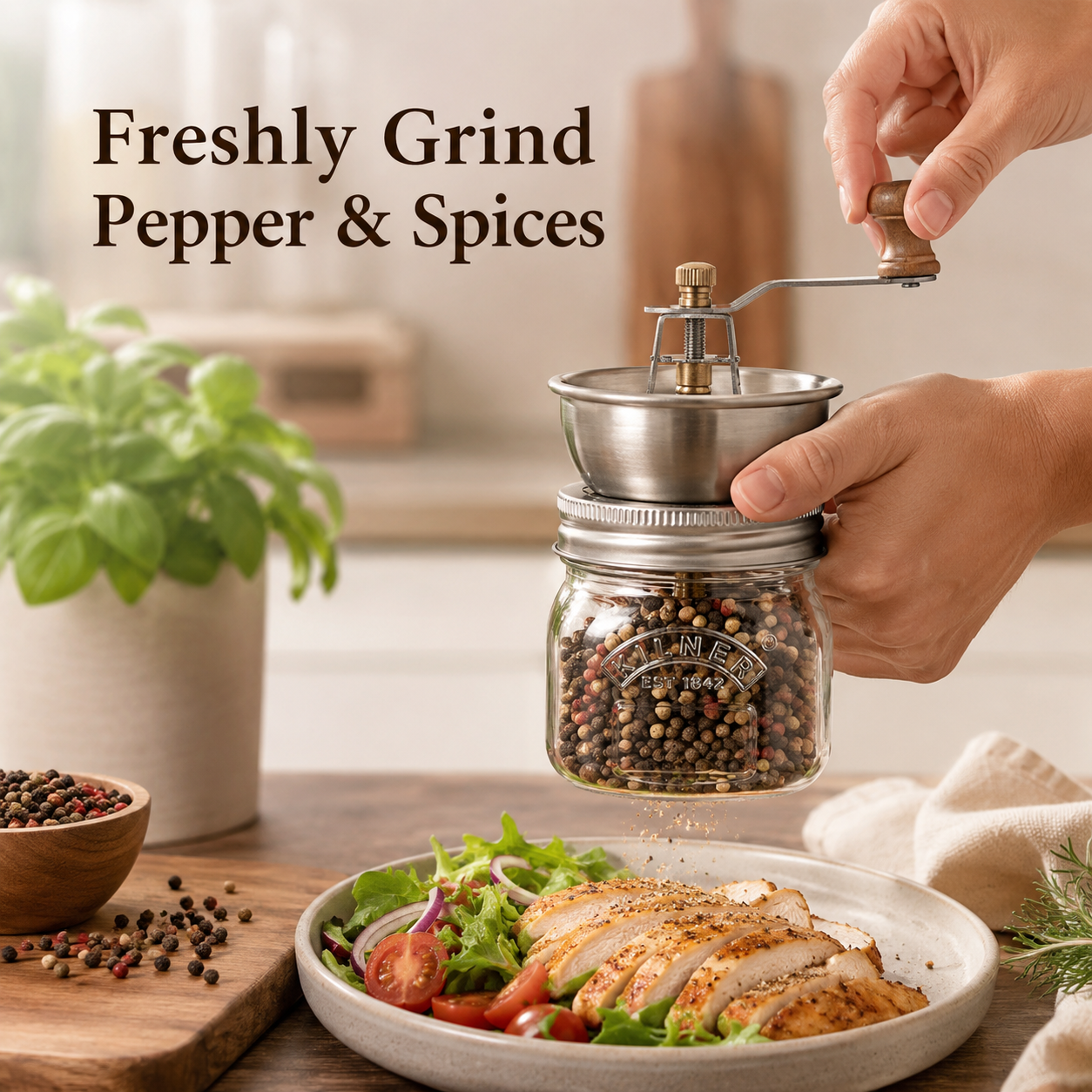 Kilner Premium 250ml Airtight Seasoning Manual Grinder Glass Preserve Jar for Spice, Salt & Pepper - 2