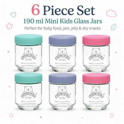 Kilner Premium 6 Pcs x 190ml Airtight Mini Kids Glass Jars with Lids for Baby Food, Jam, Jelly, Dry Food Storage