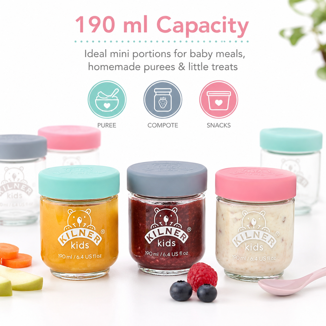 Kilner Premium 6 Pcs x 190ml Airtight Mini Kids Glass Jars with Lids for Baby Food, Jam, Jelly, Dry Food Storage
