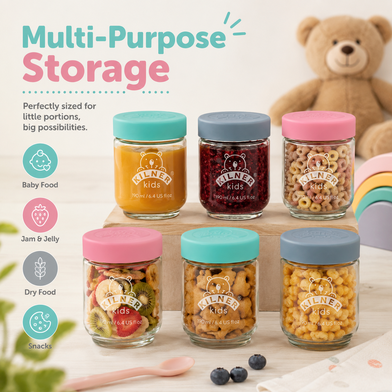 Kilner Premium 6 Pcs x 190ml Airtight Mini Kids Glass Jars with Lids for Baby Food, Jam, Jelly, Dry Food Storage