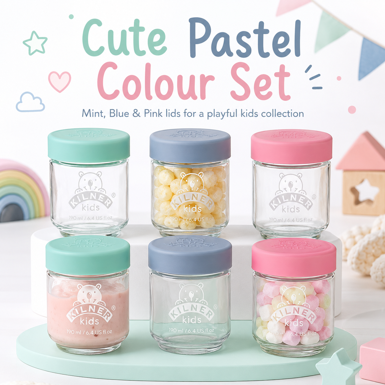Kilner Premium 6 Pcs x 190ml Airtight Mini Kids Glass Jars with Lids for Baby Food, Jam, Jelly, Dry Food Storage