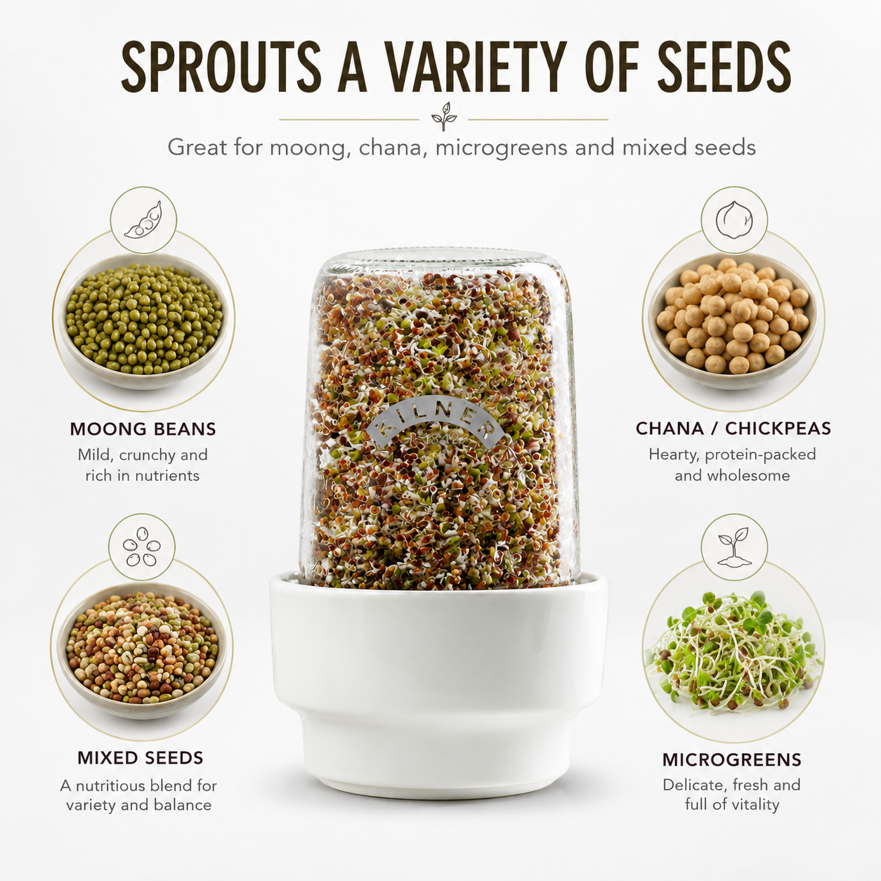 Kilner Premium 500ml Airtight Sprouts Maker, Sprouting Glass Jar for Microgreens, Moong, Chana, Seeds