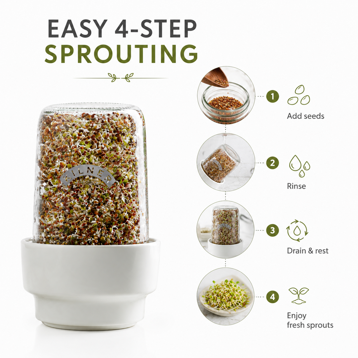 Kilner Premium 500ml Airtight Sprouts Maker, Sprouting Glass Jar for Microgreens, Moong, Chana, Seeds