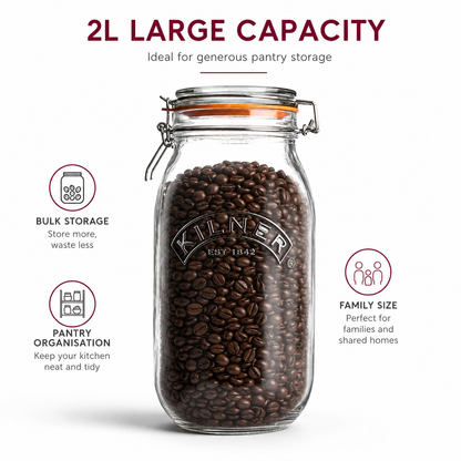 Kilner Premium 2L Round Airtight Glass Jar with Clip Top Lid for Coffee, Tea, Flour, Pulses, Grains, Lentils, Biscuits