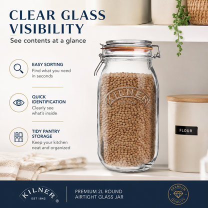 Kilner Premium 2L Round Airtight Glass Jar with Clip Top Lid for Coffee, Tea, Flour, Pulses, Grains, Lentils, Biscuits