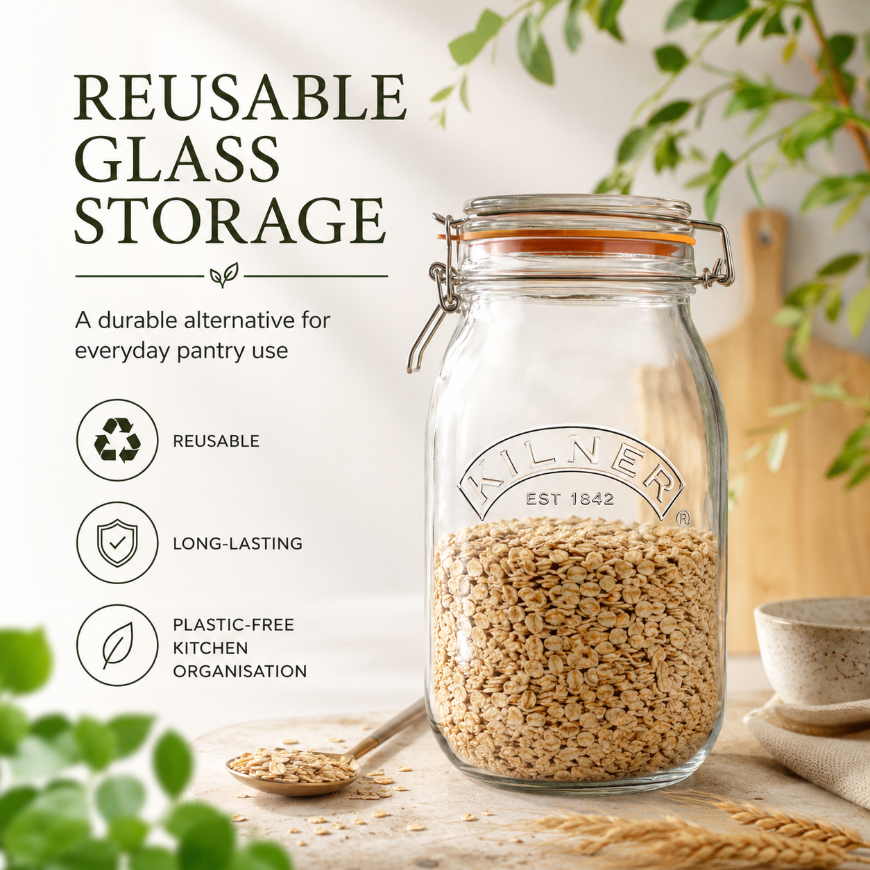 Kilner Premium 2L Round Airtight Glass Jar with Clip Top Lid for Coffee, Tea, Flour, Pulses, Grains, Lentils, Biscuits