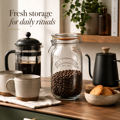 Kilner Premium 2L Round Airtight Glass Jar with Clip Top Lid for Coffee, Tea, Flour, Pulses, Grains, Lentils, Biscuits