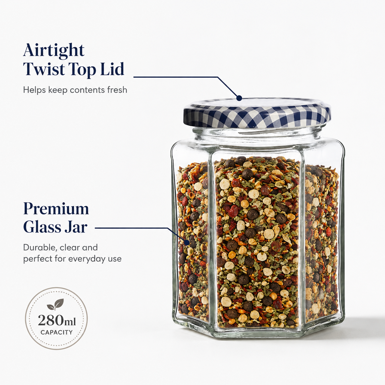 Kilner Hexagonal Premium 280ml Twist Top Jar for Herbs, Spices, Jams, Chutneys