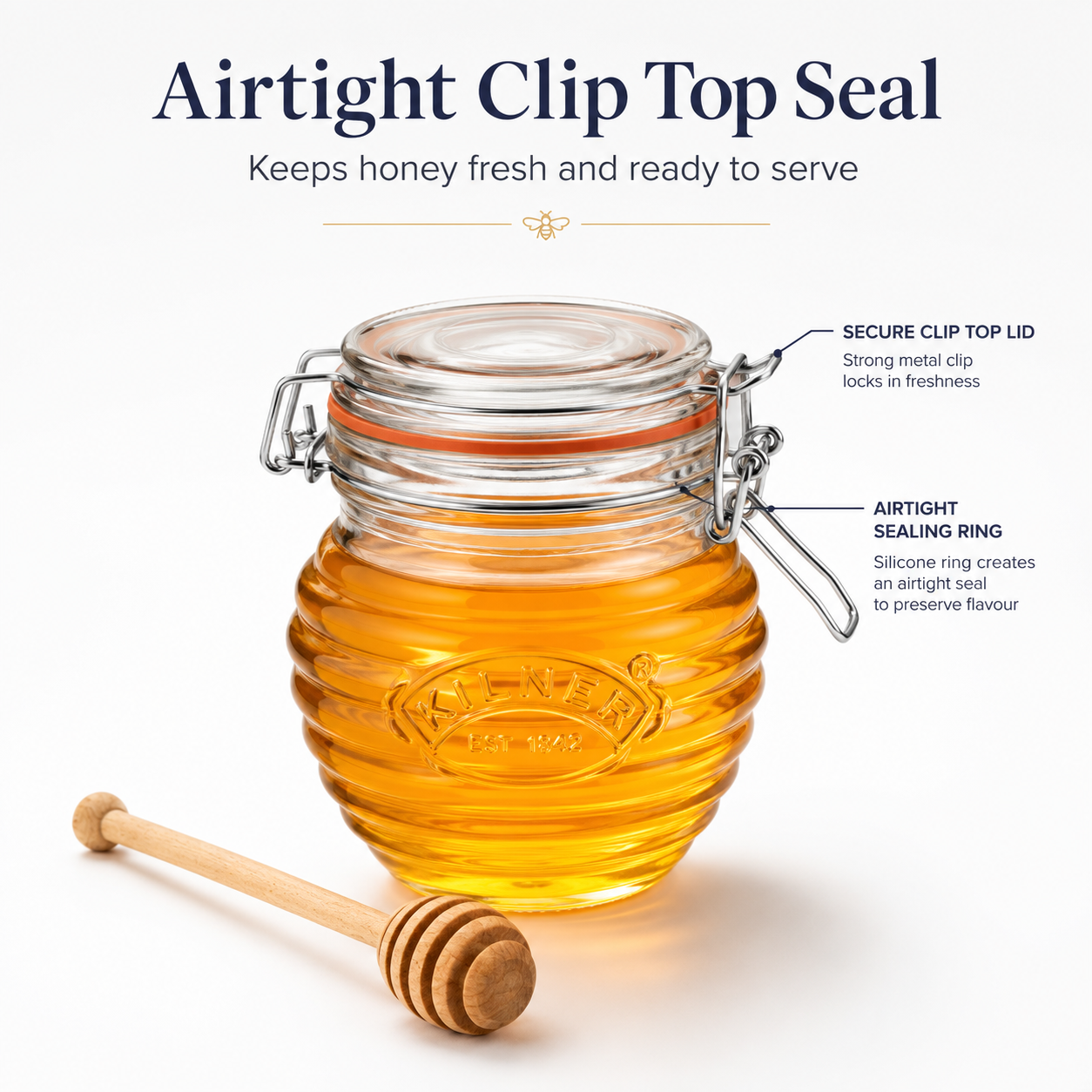 Kilner 350 ml Airtight Premium Honey Glass Jar with Dipper Ideal for Storing and Serving Syrups