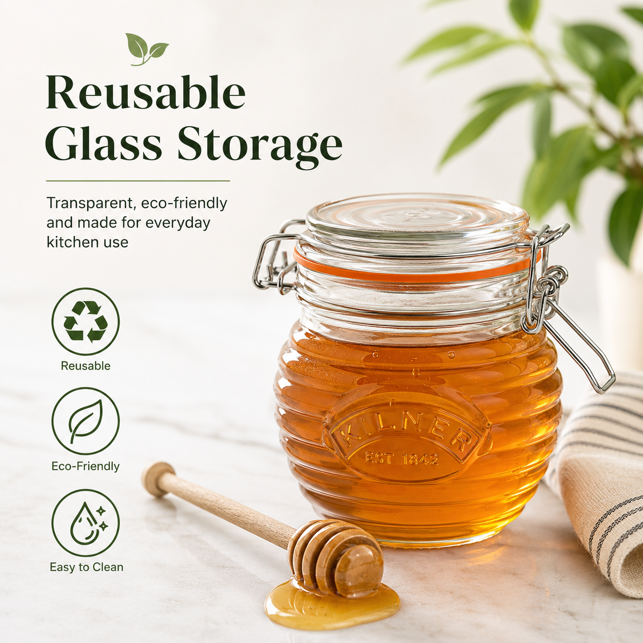 Kilner 350 ml Airtight Premium Honey Glass Jar with Dipper Ideal for Storing and Serving Syrups